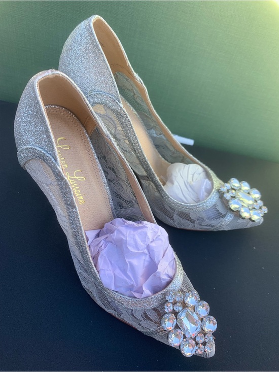 Lauren Lorraine Shoes - NWOT Silver Lace & Glitter High Heel Pumps with Crystal Accent